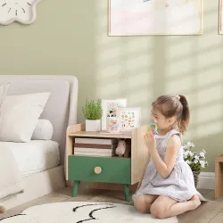 Mesita de Noche para Niños de 3 a 10 Años con Cajón y Bordes Redondeados para Dormitorio Roble y Verde - Ogal.Es