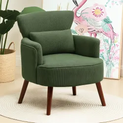 Sillón Relax Sofá Individual de Pana con Cojín Reposabrazos Patas de Madera para Dormitorio Oficina Verde - Ogal.Es