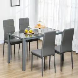 Conjunto de Comedor de Mesa y 4 Sillas 5 Piezas Mesa Rectangular de Vidrio Templado y Sillas Tapizadas en PU Gris - Ogal.Es