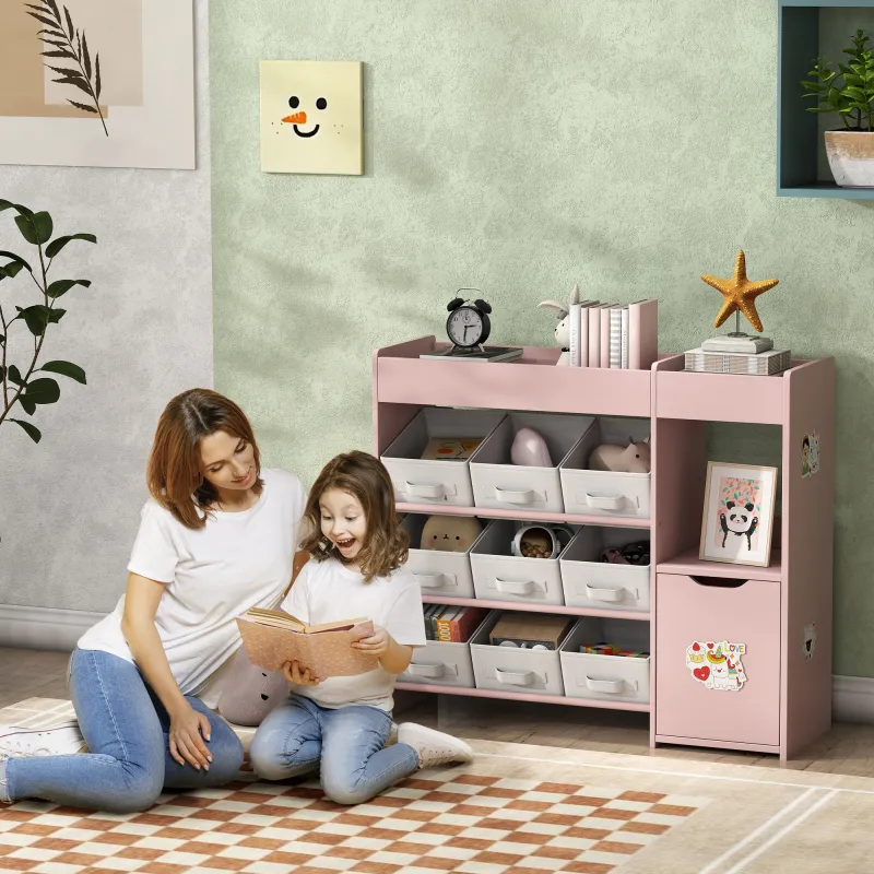 Organizador Infantil con Compartimentos 9 Cestas Extraíbles y Láminas de Pegatinas 92x30x80 cm Rosa - Ogal.Es