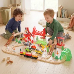 Tren de Juguete de Madera de 91 Piezas Circuito de Tren con Grúa Vías con Sonidos Vehículos Juguete para Niños 3... - Ogal.Es