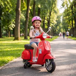 Moto Eléctrica Niños 12V Vespa PX150 Ruedas Auxiliares 2 Motores Suspensión Trasera Música Faros 3 km/h 3-6 Años... - Ogal.Es