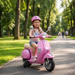 Moto Eléctrica Niños 12V Vespa PX150 Ruedas Auxiliares 2 Motores Suspensión Trasera Música Faros 3 km/h 3-6 Años... - Ogal.Es
