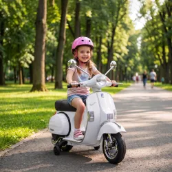 Moto Eléctrica Niños 12V Vespa PX150 Ruedas Auxiliares 2 Motores Suspensión Trasera Música Faros 3 km/h 3-6 Años... - Ogal.Es