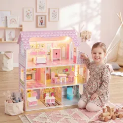 Casa de Muñecas de Madera 3 Pisos con Luces LED Balcón 8 Muebles Casita de Muñecas para Niñas 3-6 Años Rosa - Ogal.Es