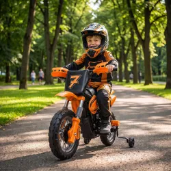 Moto Eléctrica Niños 12V 2 Ruedas Auxiliares Desmontables 2 Motores Suspensión Trasera 3 km/h 3-6 Años Naranja - Ogal.Es