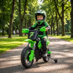 Moto Eléctrica Niños 12V con 2 Ruedas Auxiliares Desmontables 2 Motores Suspensión Trasera 3 km/h 3-6 Años Verde - Ogal.Es