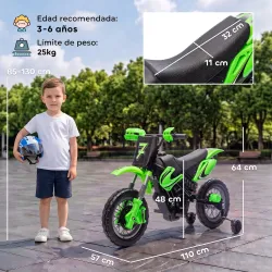 Moto Eléctrica Niños 12V con 2 Ruedas Auxiliares Desmontables 2 Motores Suspensión Trasera 3 km/h 3-6 Años Verde - Ogal.Es