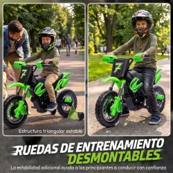 Moto Eléctrica Niños 12V con 2 Ruedas Auxiliares Desmontables 2 Motores Suspensión Trasera 3 km/h 3-6 Años Verde - Ogal.Es