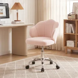 Silla de Oficina Forma de Pétalo con Ruedas de Terciopelo Función Basculante Asiento Ancho Altura Ajustable Rosa - Ogal.Es
