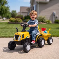 Tractor Eléctrico para Niños con Remolque Desmontable 6V Luces Música Claxon Pedal Niños 1-3 Años 2,5 km/h Amarillo - Ogal.Es