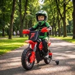 Moto Eléctrica Niños 12V con 2 Ruedas Auxiliares Desmontables 2 Motores Suspensión Trasera 3 km/h 3-6 Años Rojo - Ogal.Es