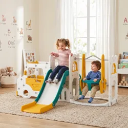 Columpio y Tobogán Parque Infantil 7 en 1 Tema de Coche Tobogán Largo Volante con Claxon Almacenaje 1-4 Años Blanco - Ogal.Es
