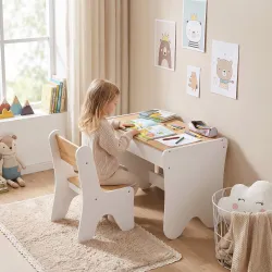 Juego de Mesa Infantil con Silla con Cajón Mesa y Silla Infantil Montessori 3 a 8 Años Blanco y Madera Natural - Ogal.Es