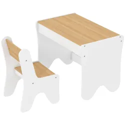 Juego de Mesa Infantil con Silla con Cajón Mesa y Silla Infantil Montessori 3 a 8 Años Blanco y Madera Natural - Ogal.Es