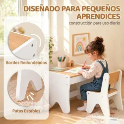 Juego de Mesa Infantil con Silla con Cajón Mesa y Silla Infantil Montessori 3 a 8 Años Blanco y Madera Natural - Ogal.Es