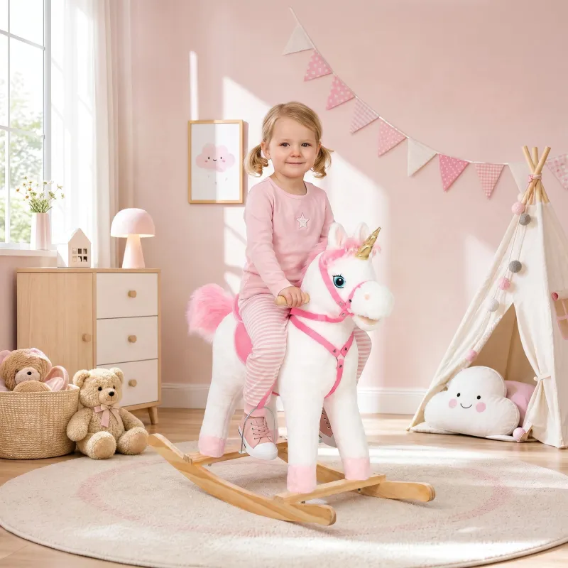 Caballito Balancín para Bebés Unicornio Sonidos de Cascos y Relinchos Boca y Cola Móviles 1-3 Años Blanco - Ogal.Es