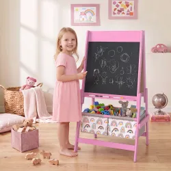 Pizarra Infantil 3 en 1 Doble Cara con Pizarra Blanca y Negra Caballete de Madera con Rollo de Papel 2 Cestas Rosa - Ogal.Es