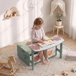 Banco Infantil Convertible 3 en 1 Juego de Mesa y Silla Baúl de Juguetes con 2 Cajones de Tela 3-6 Años Verde - Ogal.Es