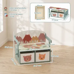 Banco Infantil Convertible 3 en 1 Juego de Mesa y Silla Baúl de Juguetes con 2 Cajones de Tela 3-6 Años Verde - Ogal.Es