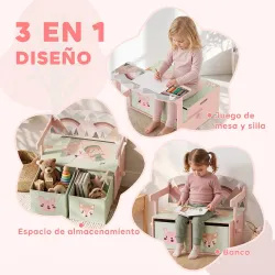 Banco Infantil Convertible 3 en 1 Juego de Mesa y Silla Baúl de Juguetes con 2 Cajones de Tela 3-6 Años Rosa - Ogal.Es