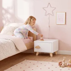 Mesita de Noche Infantil con Compartimento Montessori Antipinzamiento Patas de Madera 3 a 8 Años 34x31x25 cm Blanco - Ogal.Es