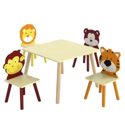 Mesa Infantil con 4 Sillas con Diseños de Animales Juego de Madera 5 Piezas para Niños y Niñas 3-8 Años Amarillo - Ogal.Es