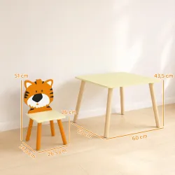 Mesa Infantil con 4 Sillas con Diseños de Animales Juego de Madera 5 Piezas para Niños y Niñas 3-8 Años Amarillo - Ogal.Es