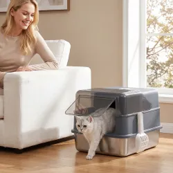 Arenero para Gatos de Acero Inoxidable M Cerrada 2 en 1 Tapa Extraíble Borde Alto Pala Fácil de Limpiar Gris - Ogal.Es