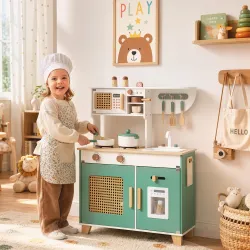 Cocina de Juguete de Madera con Cafetera Máquina de Hielo 19 Accesorios Microondas Almacenaje 3-6 Años Verde - Ogal.Es