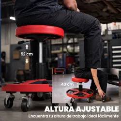 Taburete de Taller Móvil con Bandeja Altura Ajustable de 40-52 cm Carga 135 kg con Ruedas para Garaje Rojo - Ogal.Es