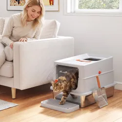 Arenero para Gatos de Acero Inoxidable XL con Tapa Borde Alto 2 Entradas Escalón Pala Diseño Desmontable Gris Claro - Ogal.Es