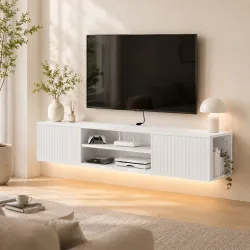 Mueble de TV Suspendido con Luces LED Enchufes Estantes Abiertos para Televisión 65 Pulgadas 140x29,5x26,5 cm Bl... - Ogal.Es