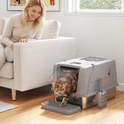 Arenero para Gatos de Acero Inoxidable XL con Tapa Borde Alto 2 Entradas Escalón Pala Diseño Desmontable Gris Claro - Ogal.Es