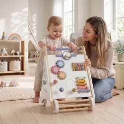 Andador de Madera Bebé, Caminador Bebé con Juguetes Montessori, Velocidad Ajustable con Almacenaje Blanco - Ogal.Es