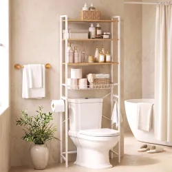 Mueble Sobre Inodoro de 3 Niveles con Portarrollos Estantes Ajustables Cesta Extraíble y Ganchos Roble - Ogal.Es