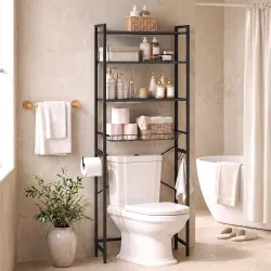 Mueble Sobre Inodoro de 3 Niveles con Portarrollos Estantes Ajustables Cesta Extraíble y Ganchos Marrón Rústico - Ogal.Es
