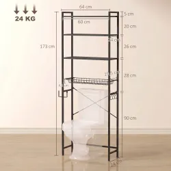 Mueble Sobre Inodoro de 3 Niveles con Portarrollos Estantes Ajustables Cesta Extraíble y Ganchos Marrón Rústico - Ogal.Es