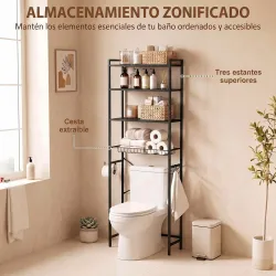 Mueble Sobre Inodoro de 3 Niveles con Portarrollos Estantes Ajustables Cesta Extraíble y Ganchos Marrón Rústico - Ogal.Es