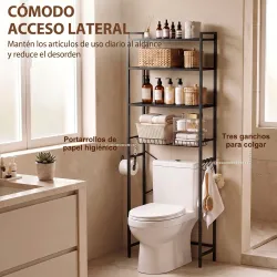 Mueble Sobre Inodoro de 3 Niveles con Portarrollos Estantes Ajustables Cesta Extraíble y Ganchos Marrón Rústico - Ogal.Es