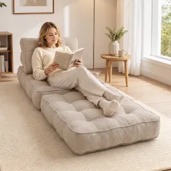Sofá Cama 1 Plaza Convertible 3 en 1 Sillón de Suelo Plegable Sillón Cama de Lino con 2 Almohadas Acolchado Crema - Ogal.Es