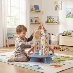 Cubo de Actividades de Madera Tema Cohete Juguete Montessori con Engranajes Laberinto de Cuentas Reloj Giratorio - Ogal.Es