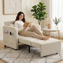 Sofá Cama 1 Plaza Convertible 3 en 1 de Pana con Respaldo Ajustable Almohada Extraíble para Salón Dormitorio Beige - Ogal.Es