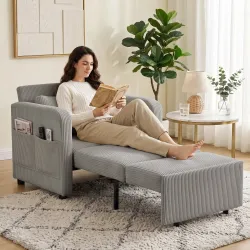 Sofá Cama 1 Plaza Convertible 3 en 1 de Pana con Respaldo Ajustable Almohada Extraíble para Salón Dormitorio Gris - Ogal.Es