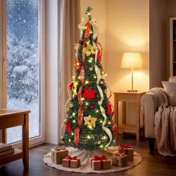 Árbol de Navidad Desplegable 180 cm con 100 Luces LED 11 Modos Mando a Distancia y Decoración Incluida Verde - Ogal.Es