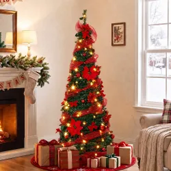 Árbol de Navidad Artificial 150 cm con 100 Luces LED 150 Ramas 11 Modos Bolas, Cintas Soporte Plegable Verde y Rojo - Ogal.Es