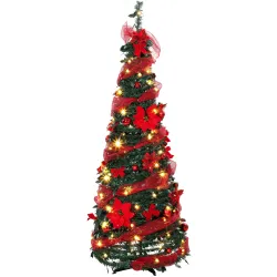 Árbol de Navidad Artificial 150 cm con 100 Luces LED 150 Ramas 11 Modos Bolas, Cintas Soporte Plegable Verde y Rojo - Ogal.Es