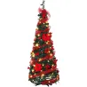 Árbol de Navidad Artificial 150 cm con 100 Luces LED 150 Ramas 11 Modos Bolas, Cintas Soporte Plegable Verde y Rojo - Ogal.Es