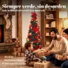 Árbol de Navidad Artificial 150 cm con 100 Luces LED 150 Ramas 11 Modos Bolas, Cintas Soporte Plegable Verde y Rojo - Ogal.Es