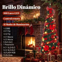 Árbol de Navidad Artificial 150 cm con 100 Luces LED 150 Ramas 11 Modos Bolas, Cintas Soporte Plegable Verde y Rojo - Ogal.Es